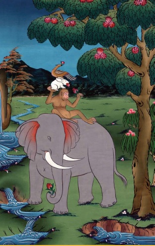 Fable of elephant, monkey, rabbit and dove (Bhutan)